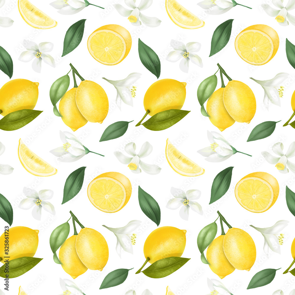Seamless pattern with hand drawn lemons and lemon flowers on a white background Seamless pattern with hand drawn lemons and lemon flowers on a white background