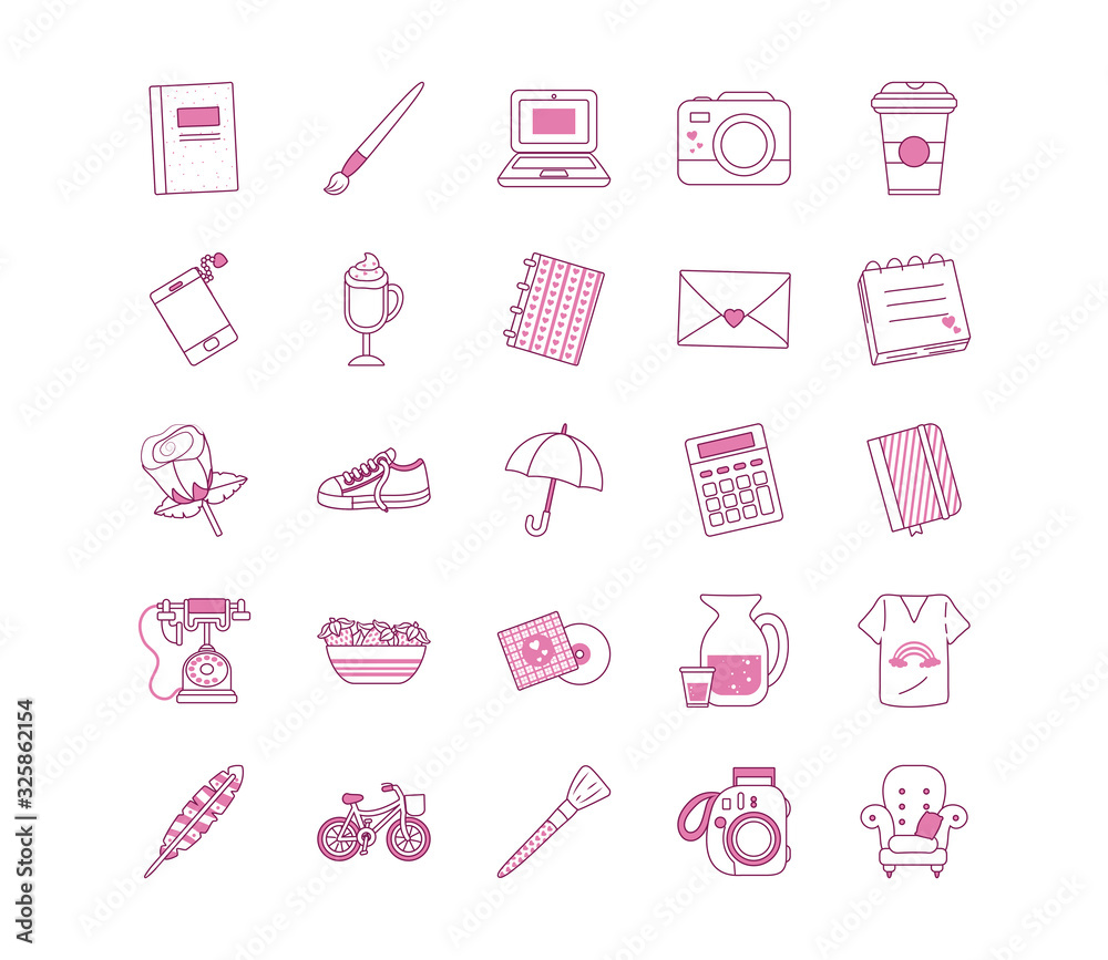 Isolated cute objects half line half color style icon set vector design