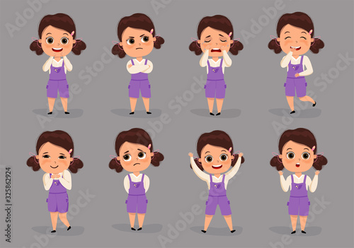 Set of different emotions female character. Cute kid girl teen emoji with various facial expressions. Vector illustration in cartoon style