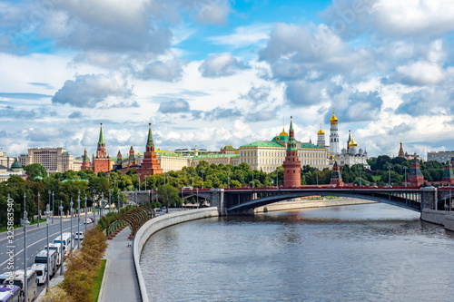 Moscow. Russia. Kremlin. Kremlin embankment. Grand Kremlin palace. Churches. River Moscow. Cloudy day in Moscow. Business card of the capital of the Russian Federation.