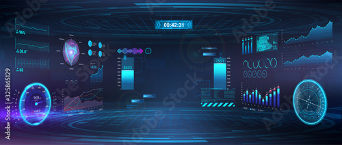 Cyberspace Virtual reality in HUD, GUI style. Futuristic VR design display. Head-up User Interface. Cyberpunk Sky-fi helmet or cockpit dashboard with speedometer, infographics and indicators. Vector