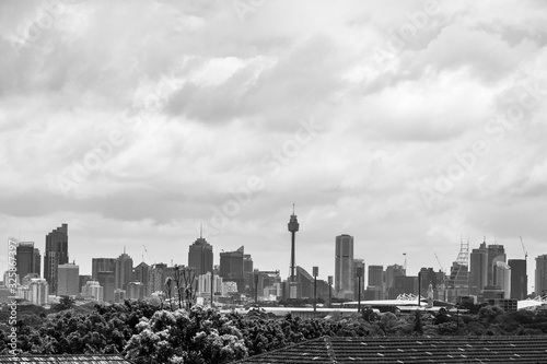 Sydney, NSW - 22 10 2018: Black and white cloudy view of the CBD