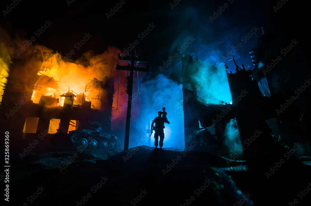 Fototapeta premium Two homeless little girl walking in destroyed city, soldiers and helicopters and tanks are still attacking the city