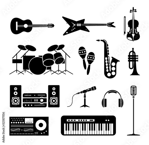 Pictogram icon set of different types of musical instruments. Musical instruments, elements and tools for music studio.