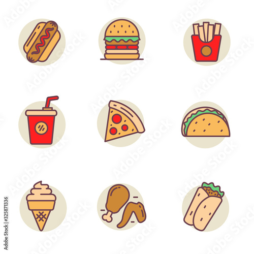 Set of fast food icons in linear color style isolated on white background 