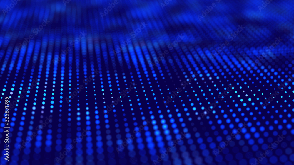 Abstract dots background. Big data visualization. Futuristic dynamic wave on blue background. 3D rendering.