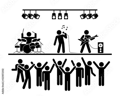 Pictogram vector illustration of music live stage show. Crowd of people on the concert. Popular band playing.