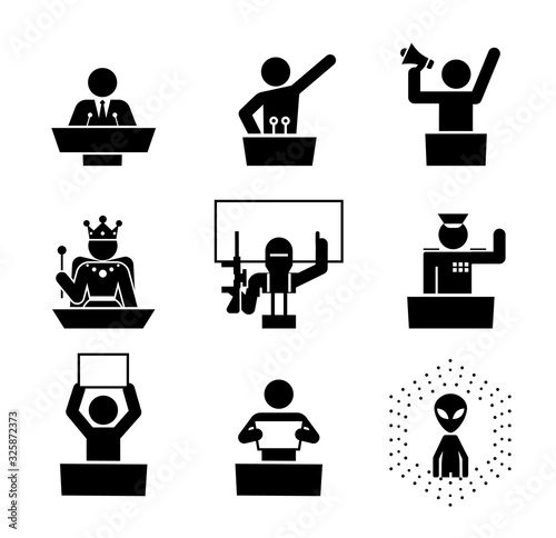 Politicians speakers. Icon set of debate rostrum and podium. Collection of pedestal, tribune and podium with microphone for conference.