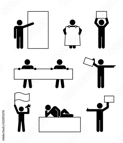 A set of people icons with messages and banners. People who hold different types of slogans and ad background.