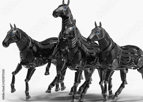 Black mechanical horse in movement on white background. 3D rendering