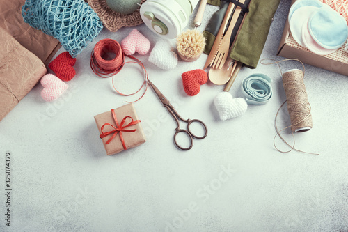 Set of eco presents laid out on the table. Zero waste gift wrapped in paper.