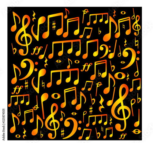 Musical background with golden notes and g-clef. Vector illustration. Pattern.