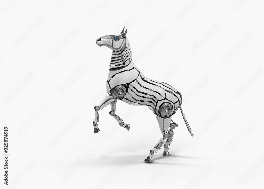 White mechanical horse in movement on white background. 3D rendering White mechanical horse in movement on white background. 3D rendering