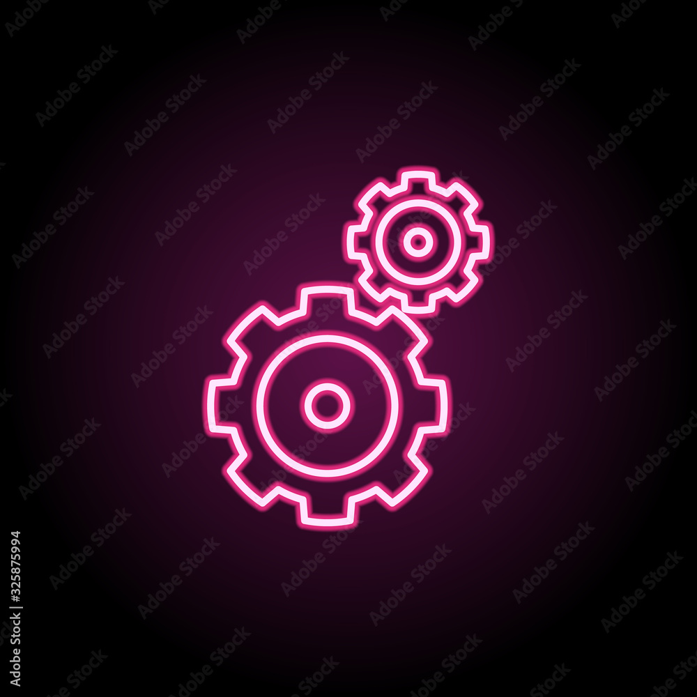 Two gears neon icon. Simple thin line, outline vector of web icons for ui and ux, website or mobile application Two gears neon icon. Simple thin line, outline vector of web icons for ui and ux, website or mobile application