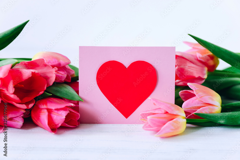 Greeting card and pink tulipp flowers on white background Greeting card and pink tulipp flowers on white background