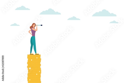 business woman looks through a monocular telescope, stands on a stack of dollar coins in a flat icon design on a white background. Vector