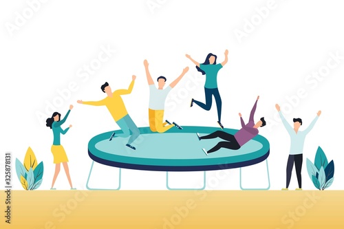 Happy Teens Jumping on Trampoline, Friends Cheering. Young People Having Fun Jump and Bouncing, Spare Time, Activity, Amusement Park, Corporate Party Entertainment. Cartoon Flat Vector Illustration