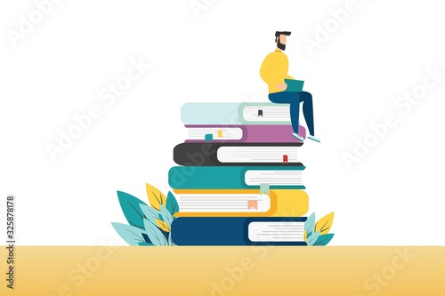People with books. Man is sitting on a stack of books and reading a book. vector