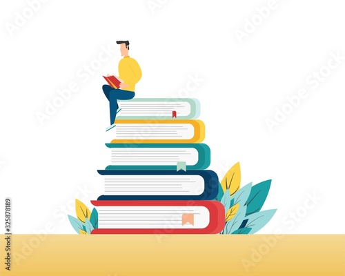 People with books. Man is sitting on a stack of books and reading a book. vector