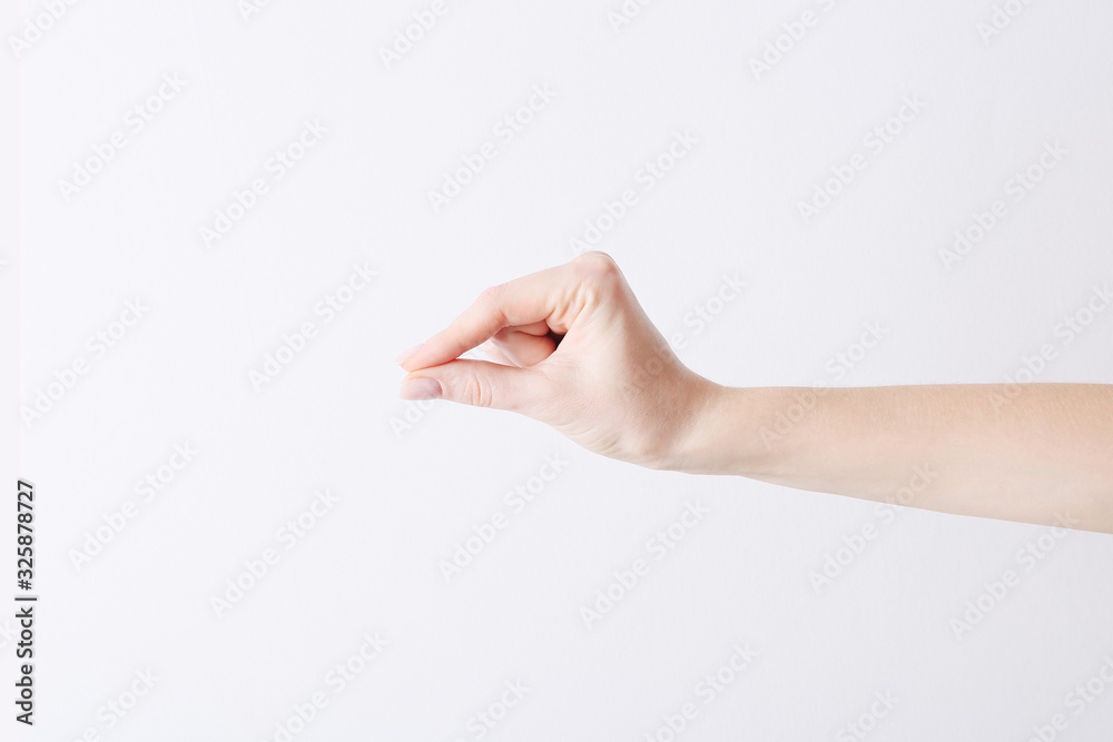 Empty female hand making gesture like holding something on white background. Empty female hand making gesture like holding something on white background.