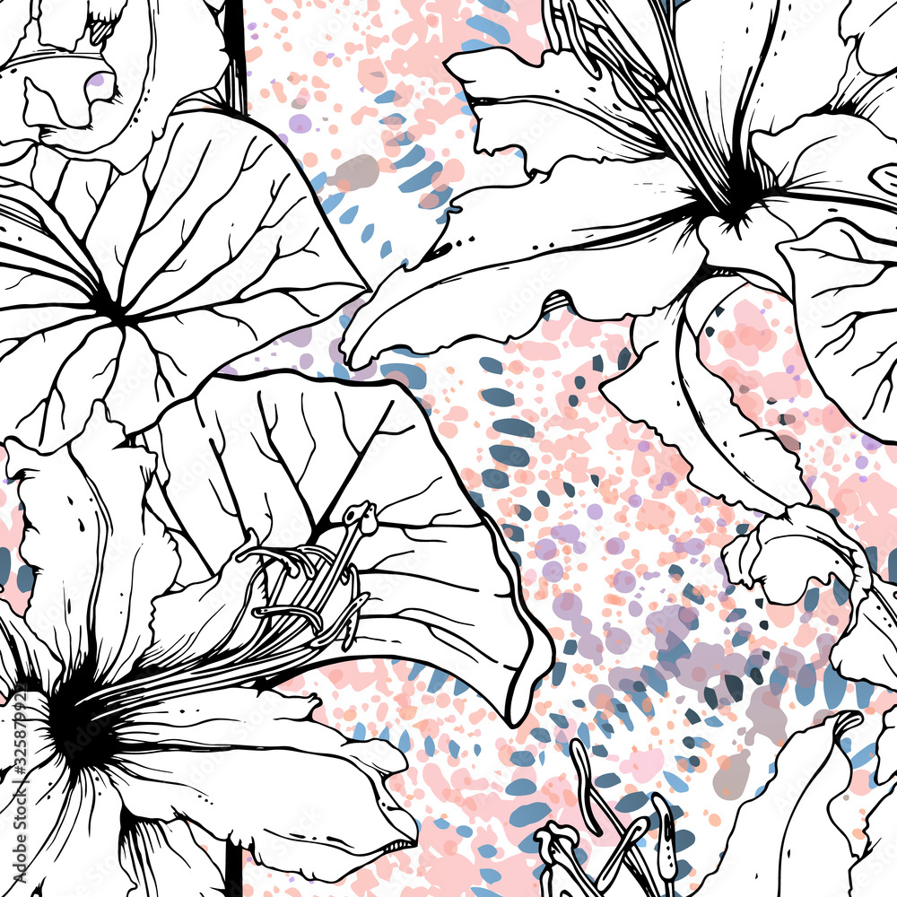 Fototapeta premium Floral Black White Pattern. Modern Watercolor
