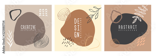 Organic collage hand drawn scandinavian abstract botanical muted color backgrounds. Memphis creative universal natural bio backdrop. Artistic hand painted backgrounds. Brush stroke vector illustration