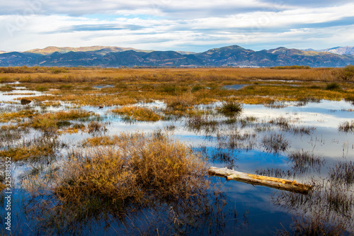 Lake Vistonida beautiful view with water surface reflections on a sunny winter day in Xanthi regional unit  Greece