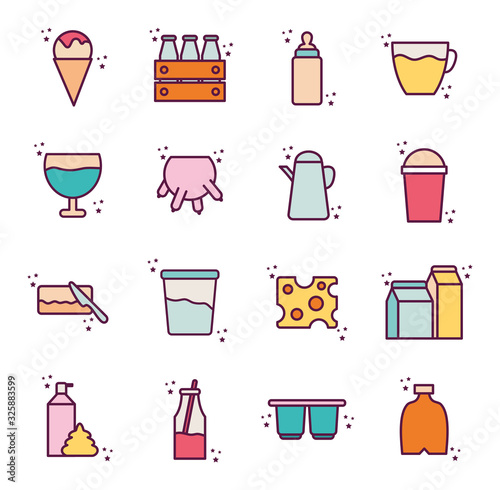 Isolated dairy line and fill style icon set vector design