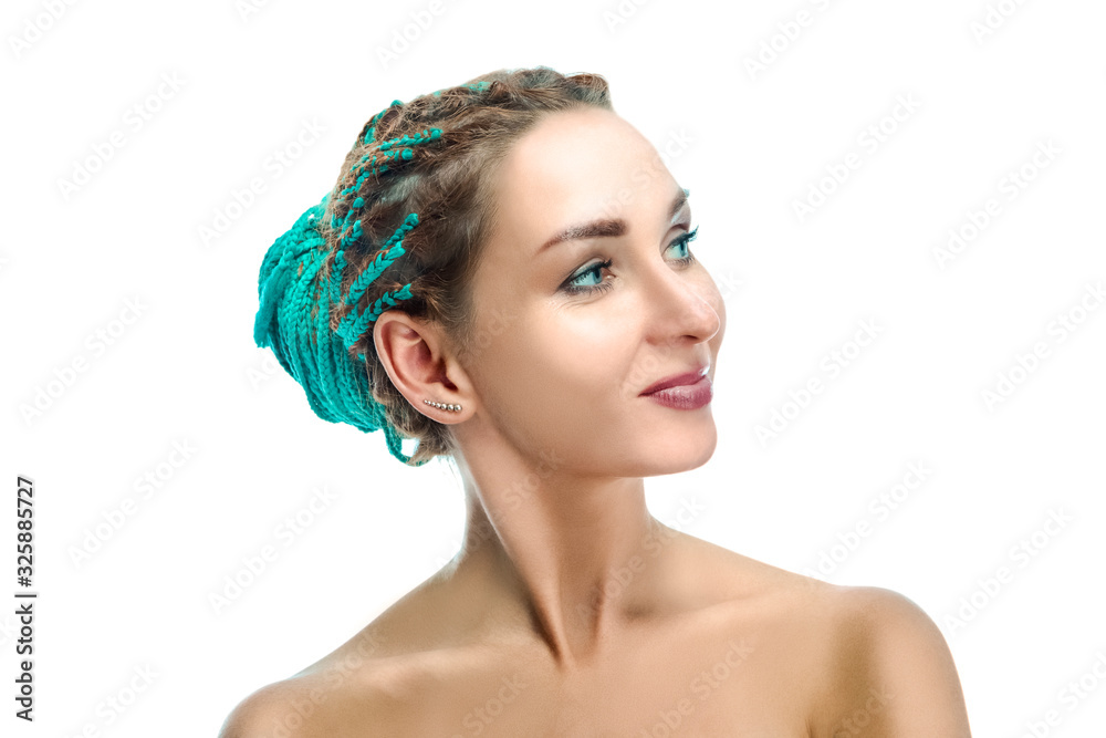 Portrait of Calm Caucasian Female with Green African American Dreadlocks Posing Naked Against White. Portrait of Calm Caucasian Female with Green African American Dreadlocks Posing Naked Against White.
