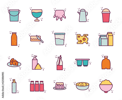 Isolated dairy line and fill style icon set vector design