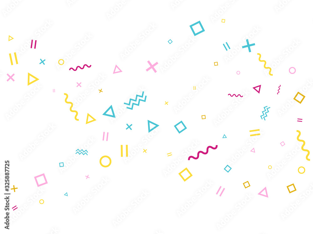 Geometric confetti with triangle, circle, square shapes, chevron and wavy lines Geometric confetti with triangle, circle, square shapes, chevron and wavy lines