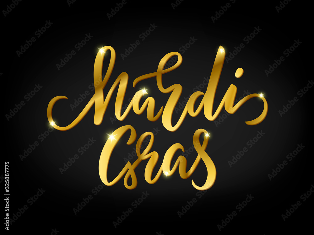 Carnival template with gold texture on a black background. Vector illustration with hand dawn lettering Mardi Gras with confetti for design of carnival party, sale, greeting card Carnival template with gold texture on a black background. Vector illustration with hand dawn lettering Mardi Gras with confetti for design of carnival party, sale, greeting card