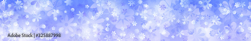 Spring horizontal banner of various flowers in light blue colors