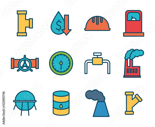 Isolated oil industry line and fill style icon set vector design