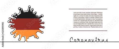 Abstract virus silhouette and Coronavirus text in thin line style. Coronavirus virus danger relative illustration. Medical research theme. Virus epidemic alert. Flag of the Germany