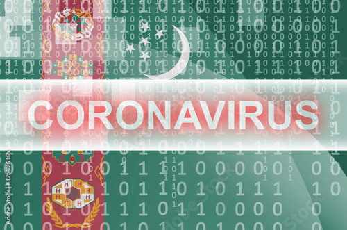 Turkmenistan flag and futuristic digital abstract composition with Coronavirus inscription. Covid-19 outbreak concept photo