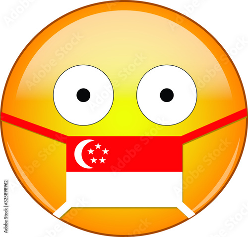 Yellow scared emoji in Singaporean medical mask protecting from SARS, coronavirus, bird flu and other viruses, germs and bacteria and contagious disease as well as toxic smog in Singapore.