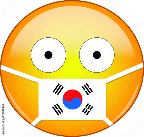 Yellow scared emoji in South Korean medical mask protecting from SARS, coronavirus, bird flu and other viruses, germs and bacteria and contagious disease as well as toxic smog in South Korea.