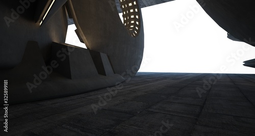 Abstract architectural concrete interior with discs. Neon lighting. 3D illustration and rendering.
