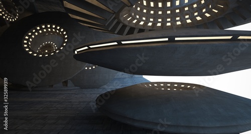 Abstract architectural concrete interior with discs. Neon lighting. 3D illustration and rendering.