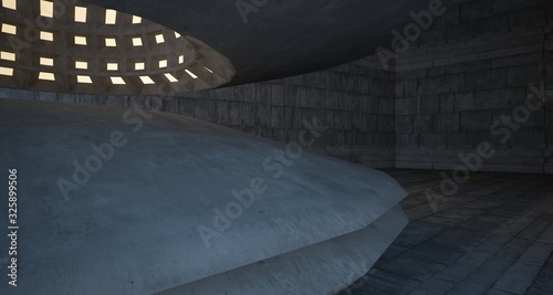 Abstract architectural concrete interior with discs. Neon lighting. 3D illustration and rendering.