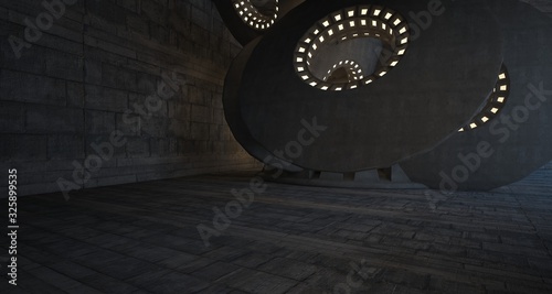 Abstract architectural concrete interior with discs. Neon lighting. 3D illustration and rendering.