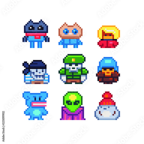 Abstract video game characters, cute creatures set, pixel art style icons, cool guy, little alien, snowman, cat, skull, element design for logo, app, web, sticker. Isolated vector.