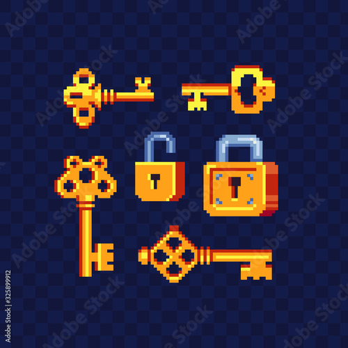 Key and lock pixel art icons set. Design for logo, stickers, web,  and mobile app. Isolated vector illustration. 8-bit sprite.