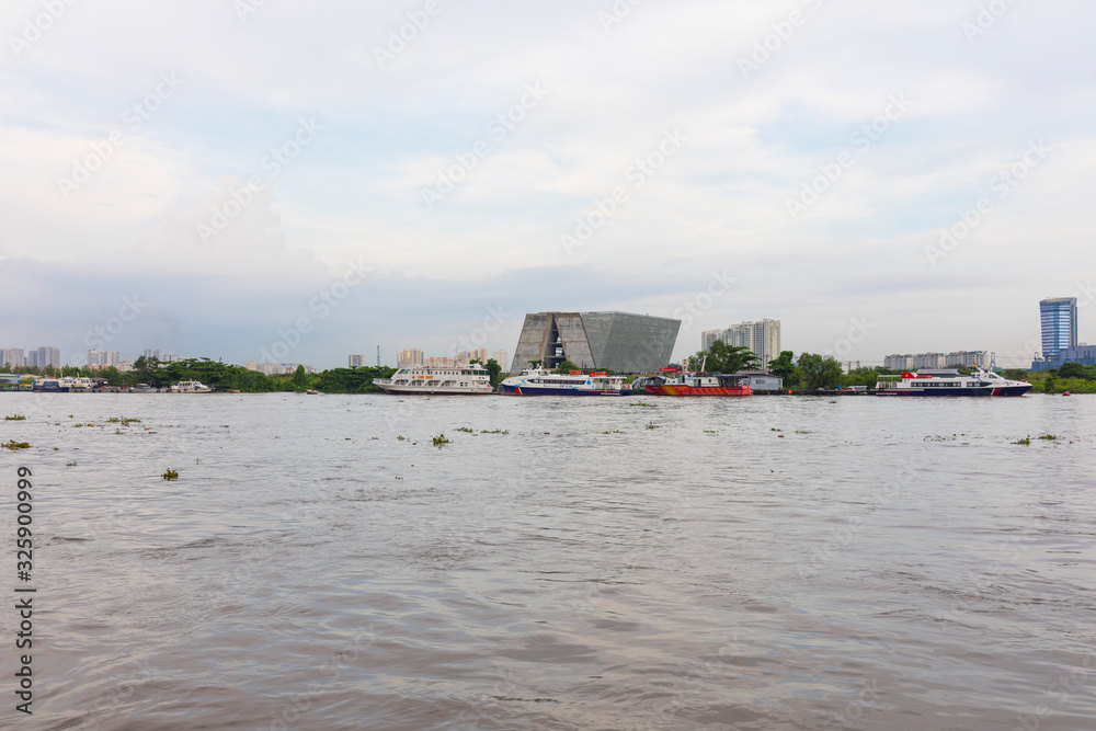 View of Saigon Planning Exhibition Center on the bank of Saigon River in Ho Chi Minh City, Vietnam