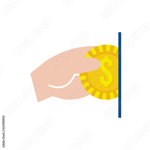 hand with coin money dollar flat style icon