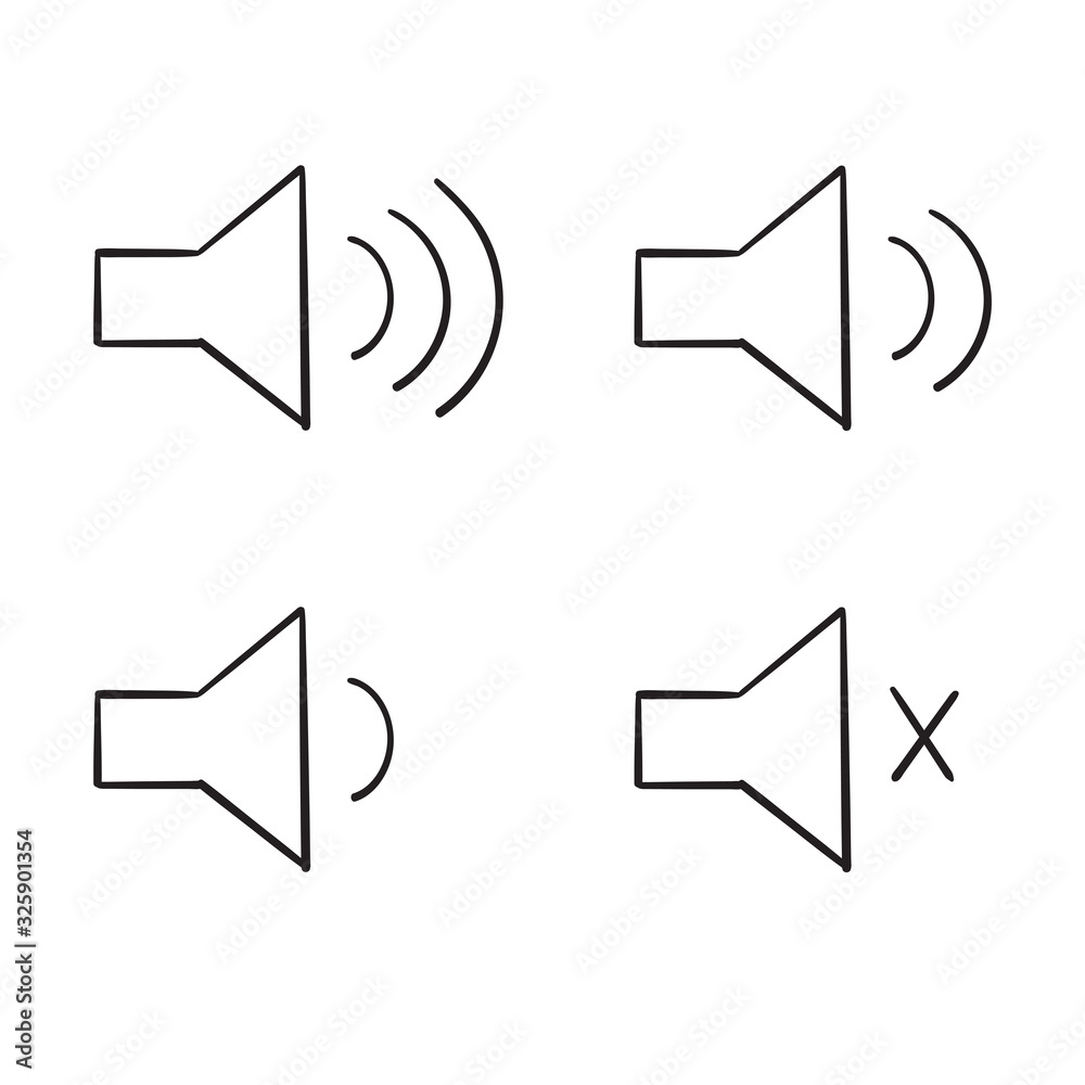 hand drawn icon that increases and reduces the sound. Icon showing the mute. A set of sound icons with different signal levels in a doodle style. hand drawn icon that increases and reduces the sound. Icon showing the mute. A set of sound icons with different signal levels in a doodle style.