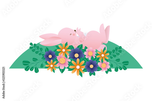 Cute rabbit cartoon with flowers and leaves vector design