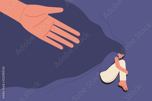 human hand helps sad young girl in depression lying hugging knees with flying hair, sorrow, mental health concept, cartoon female character vector flat illustration
