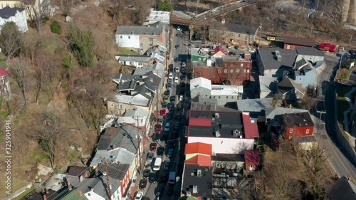 Drone shots flying over history Old Ellicott City, MD before they begin renovations. photo